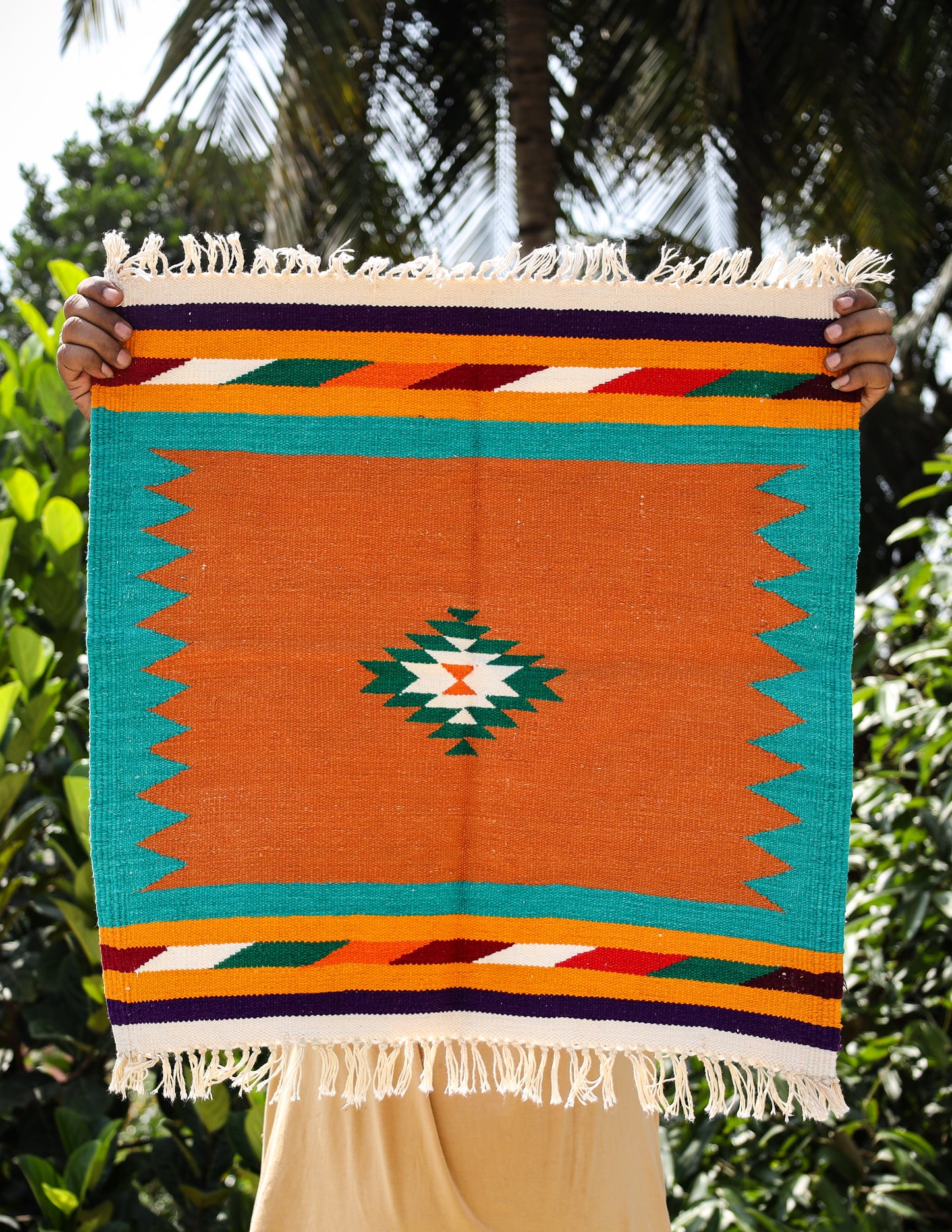 GEOMETRIC - Rust Earth and Aqua Blue Badi Ghadi - 2 x 2 ft