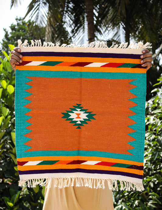 GEOMETRIC - Rust Earth and Aqua Blue Badi Ghadi - 2 x 2 ft