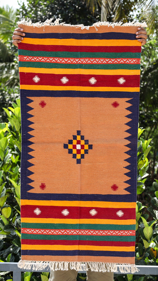 GEOMETRIC - Fawn Beige and Navy Blue Phool - 2 x 4 ft