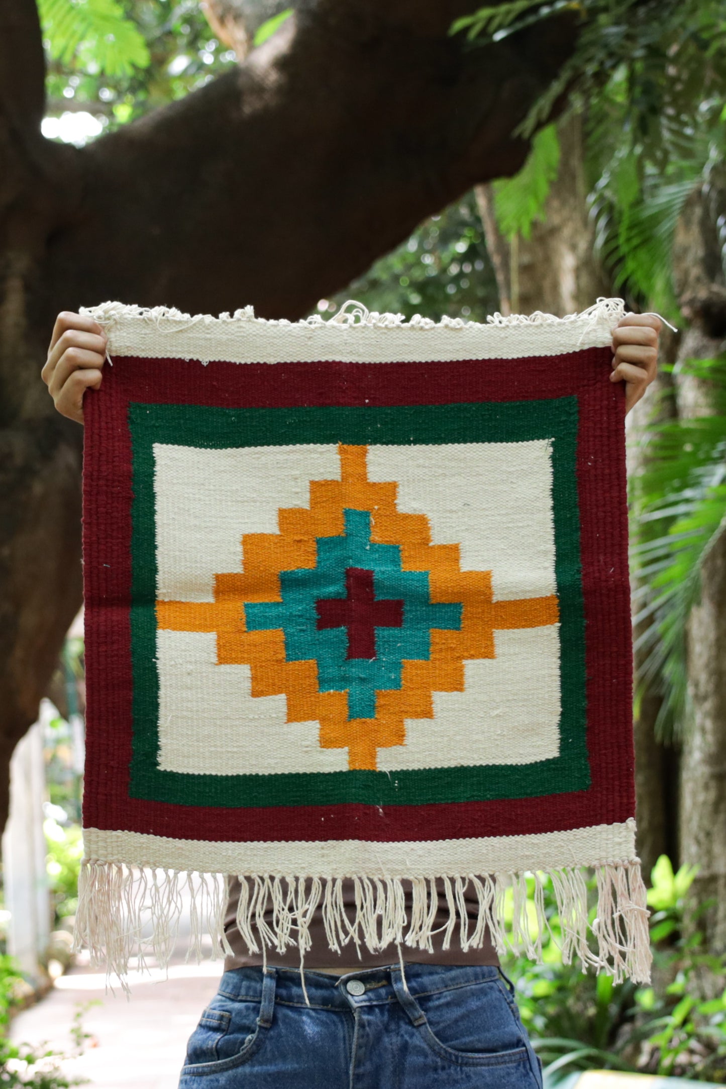 GEOMETRIC - Crimson Maroon & Pine Green 1.5 x 1.5 ft